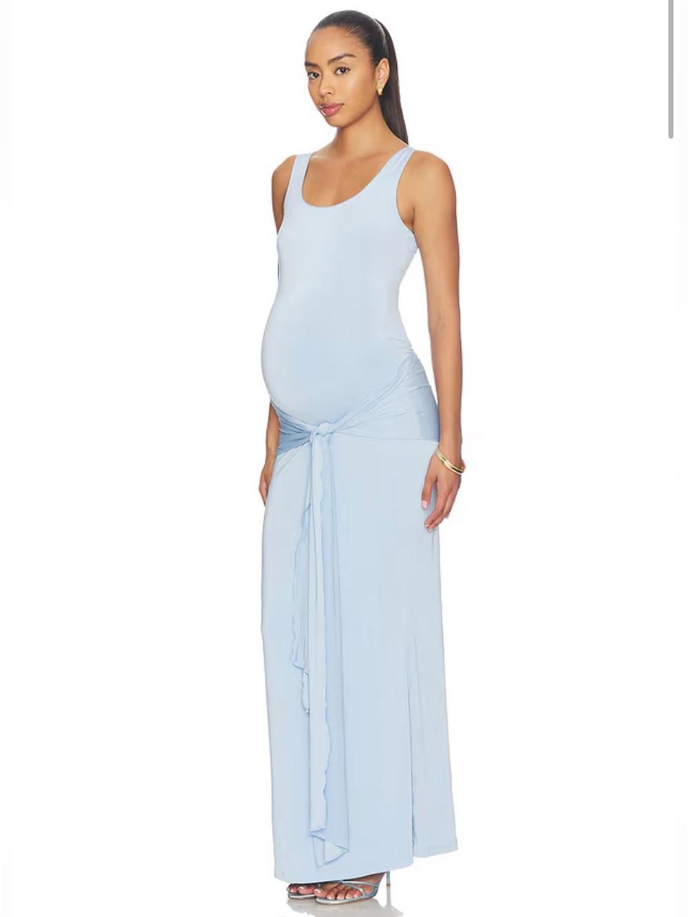 Sleeveless Light Blue Maternity Maxi Dress with Tie Waist